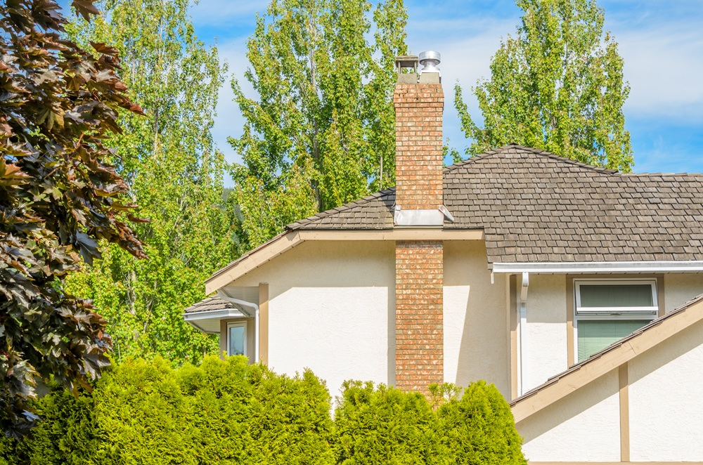 Residential home exterior with brick chimney rising above the roofline surrounded by trees